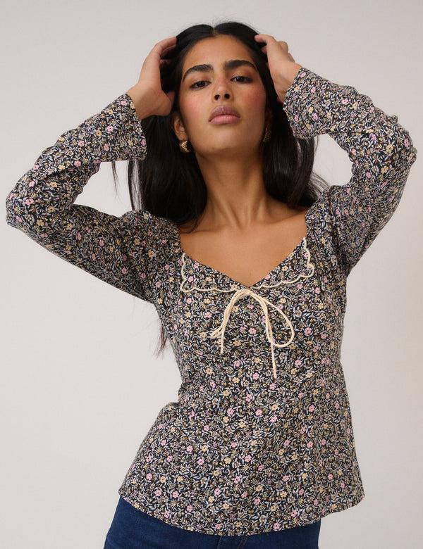 Nobody’s Child Black Floral Bow Front Top