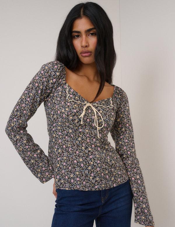 nobody’s child Black Floral Bow Front Top