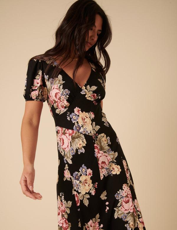 Nobody’s Child Black Floral Ella Midi Dess