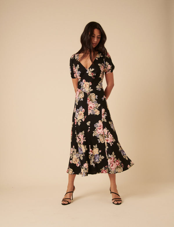 nobody’s child Black Floral Ella Midi Dess