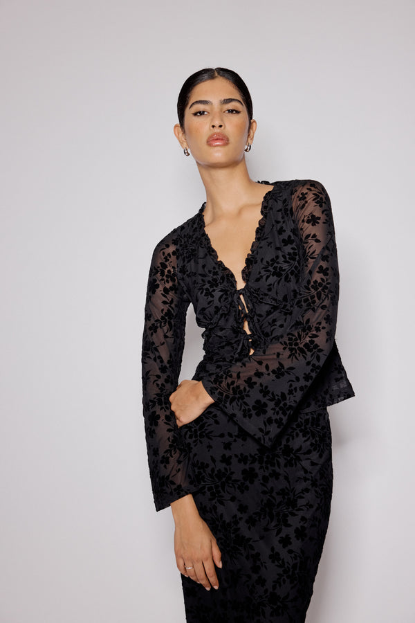 Nobody’s Child Black Floral Jacquard Frill Top