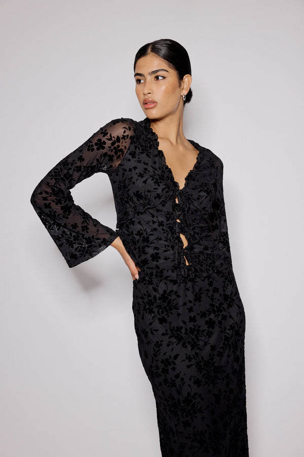 nobody’s child Black Floral Jacquard Frill Top