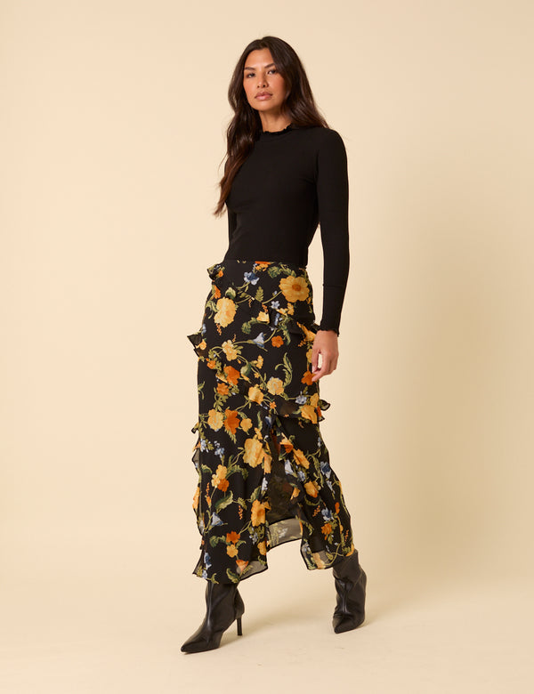 Nobody’s Child Black Floral Ruffle Midi Skirt