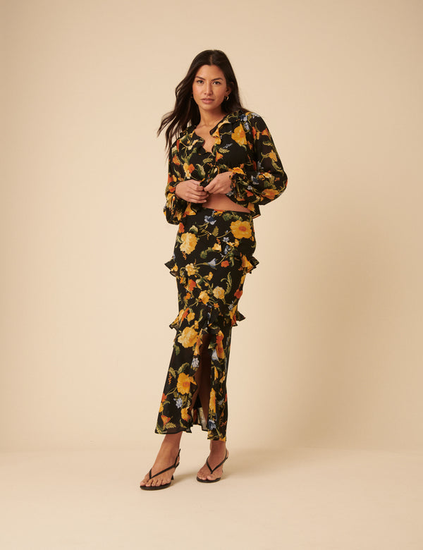Nobody’s Child Black Floral Ruffle Midi Skirt