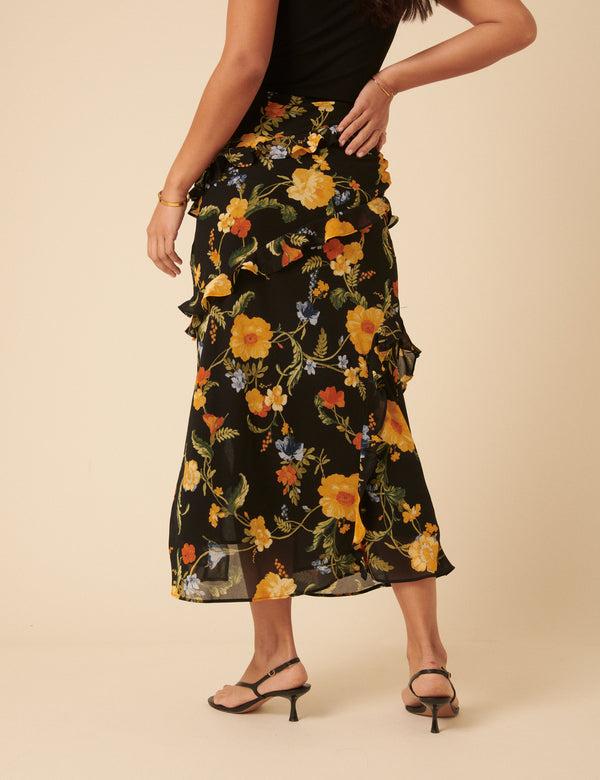 Nobody’s Child Black Floral Ruffle Midi Skirt