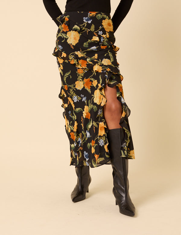 nobody’s child Black Floral Ruffle Midi Skirt