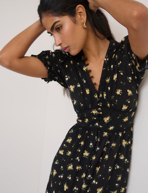 Nobody’s Child Black Floral Saffy Midi Dress