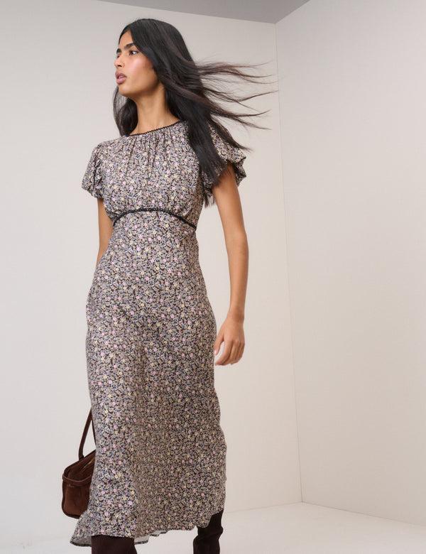 Nobody’s Child Black Floral Sicily Midi Dress