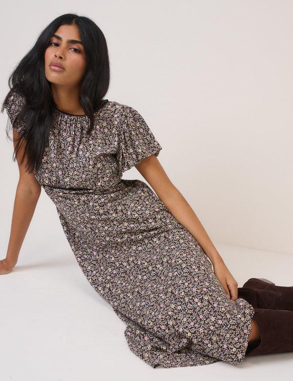 Nobody’s Child Black Floral Sicily Midi Dress