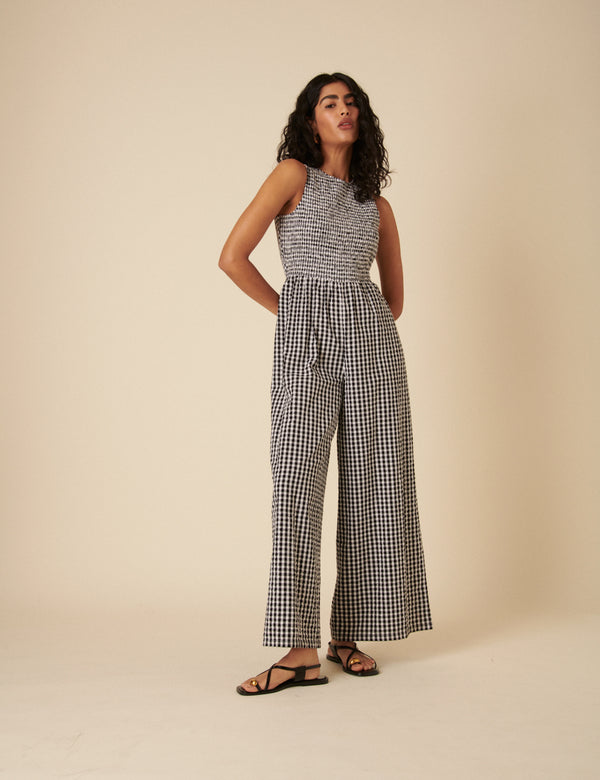 Nobody’s Child Black Gingham Shirred Jumpsuit