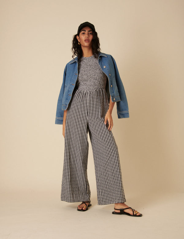 Nobody’s Child Black Gingham Shirred Jumpsuit