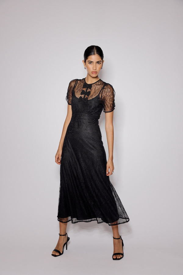 Nobody’s Child Black Lace Bow Front Una Midi Dress