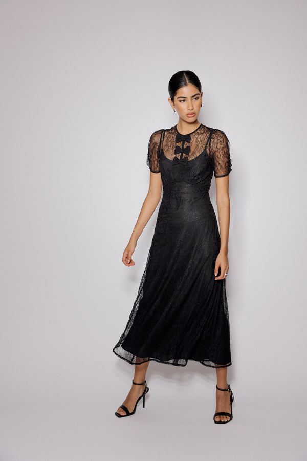 Nobody’s Child Black Lace Bow Front Una Midi Dress