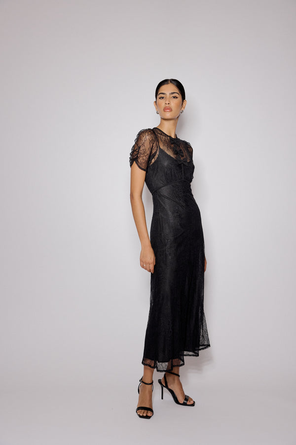 Nobody’s Child Black Lace Bow Front Una Midi Dress
