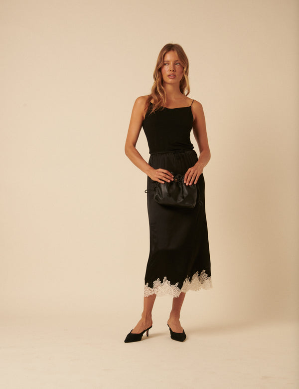 Nobody’s Child Black Lace Trim Satin Midi Skirt