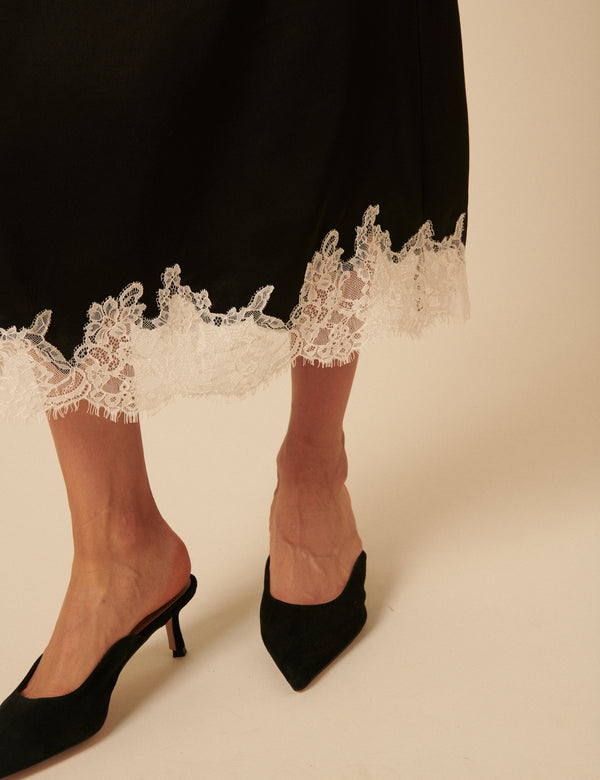 Nobody’s Child Black Lace Trim Satin Midi Skirt