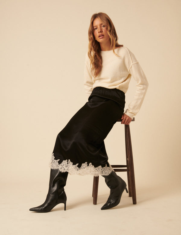 nobody’s child Black Lace Trim Satin Midi Skirt
