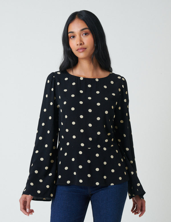 Nobody’s Child Black Polka Dot Flute Sleeve Blouse