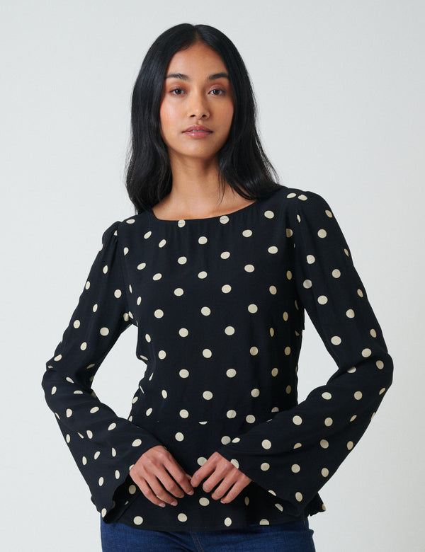 Nobody’s Child Black Polka Dot Flute Sleeve Blouse
