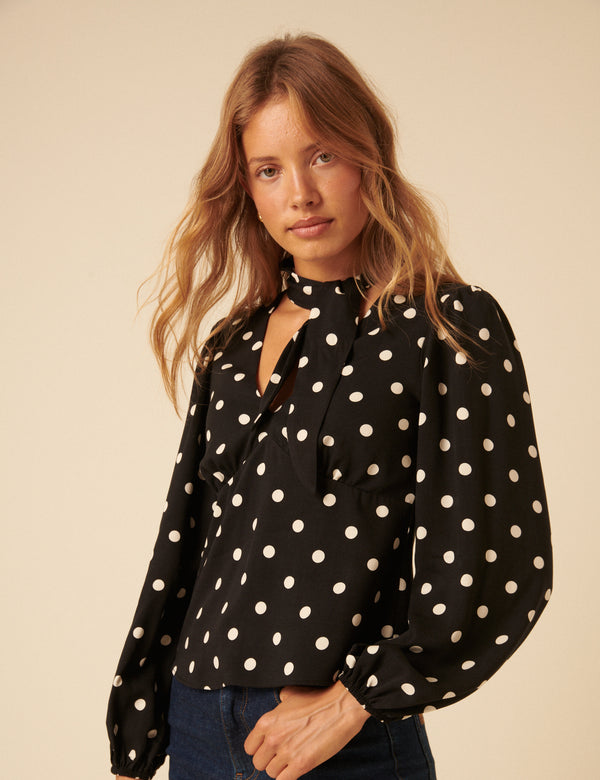 Nobody’s Child Black Polka Dot Neck Tie Blouse
