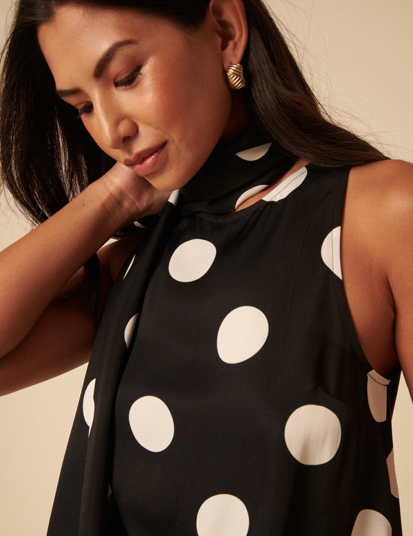 Nobody’s Child Black Polka Dot Tie Neck Top
