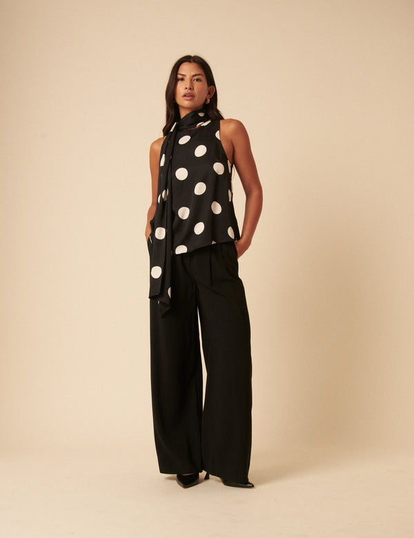 Nobody’s Child Black Polka Dot Tie Neck Top