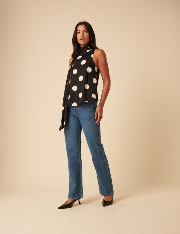 Nobody’s Child Black Polka Dot Tie Neck Top