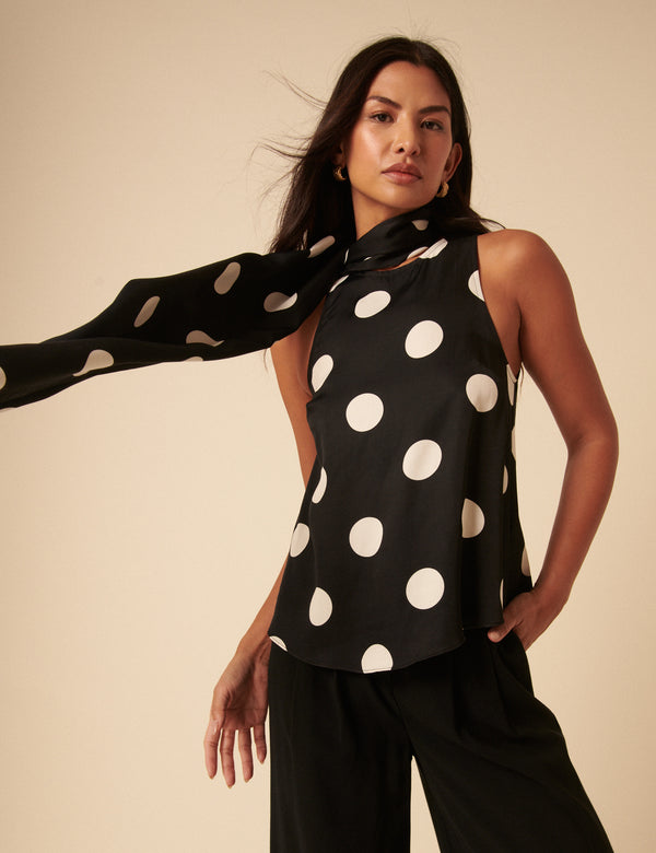 nobody’s child Black Polka Dot Tie Neck Top