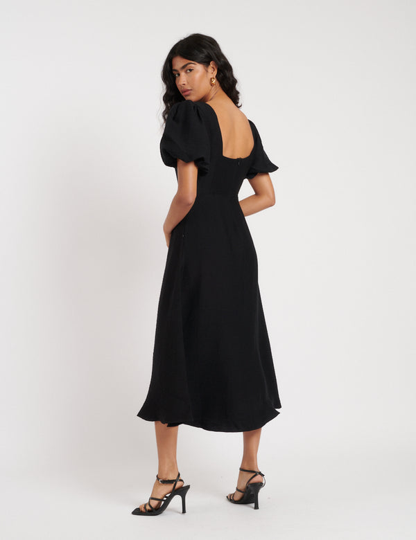 Nobody’s Child Black Puff Sleeve Zora Midi Dress