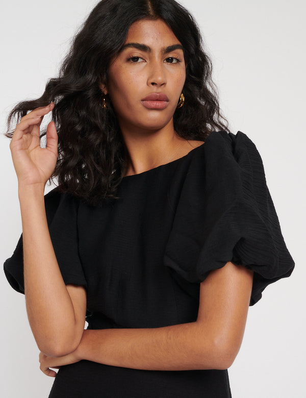 Nobody’s Child Black Puff Sleeve Zora Midi Dress