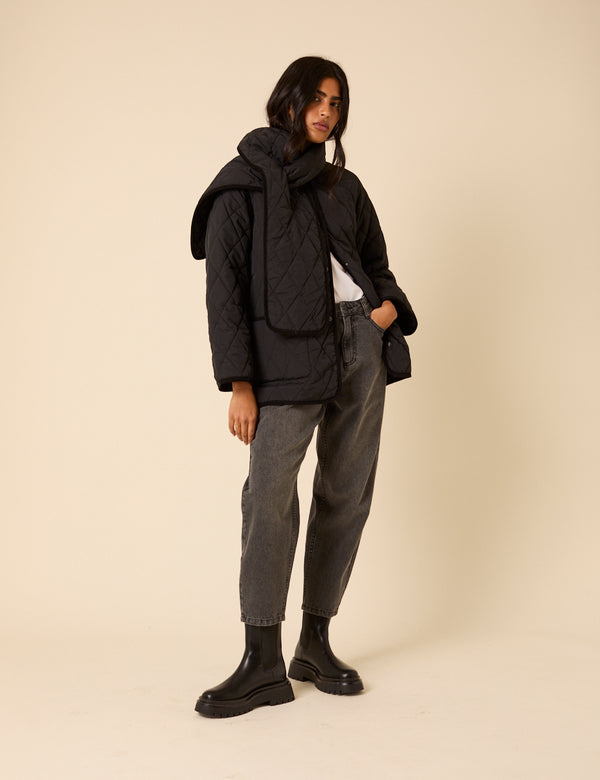 Nobody’s Child Black Quilted Detachable Scarf Coat