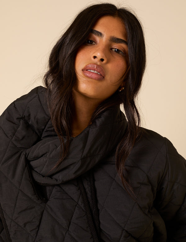 Nobody’s Child Black Quilted Detachable Scarf Coat