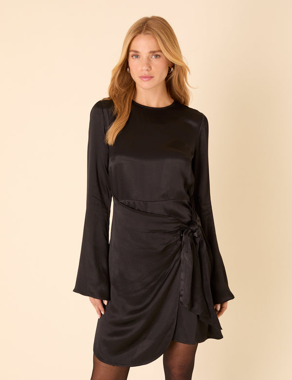 Nobody’s Child Black Satin Wrap Blair Mini Dress