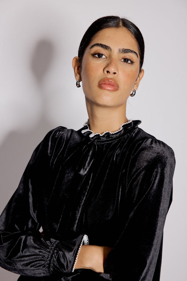 Nobody’s Child Black Velvet Frill Trim Blouse