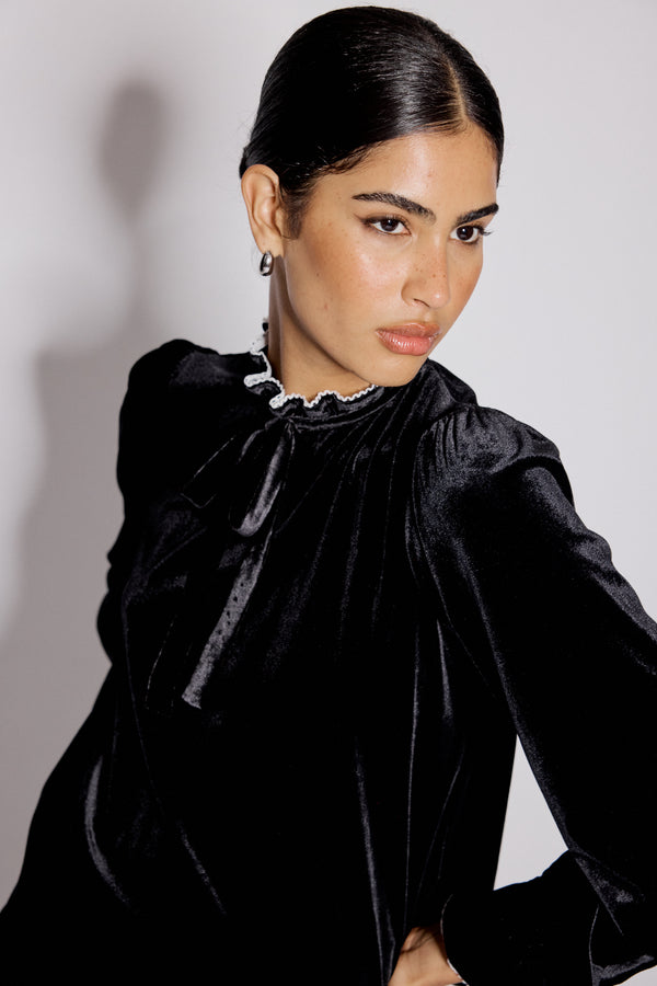 Nobody’s Child Black Velvet Frill Trim Blouse