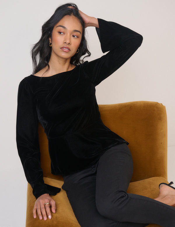 Nobody’s Child Black Velvet Long Sleeve Peplum Top