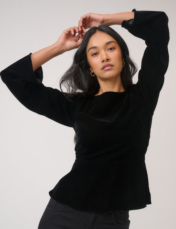 nobody’s child Black Velvet Long Sleeve Peplum Top