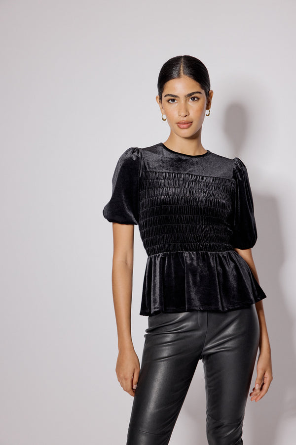 Nobody’s Child Black Velvet Puff Sleeve Peplum Top