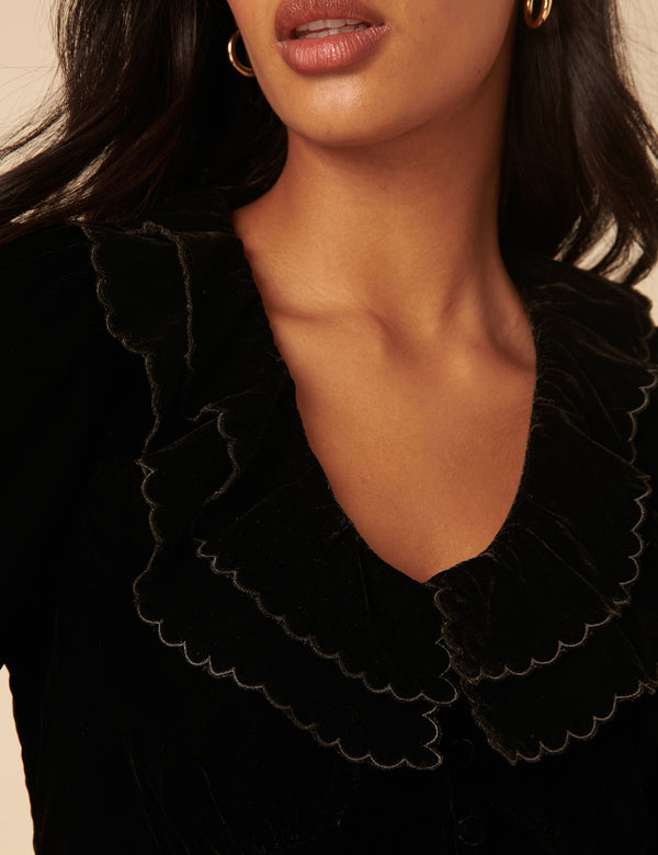 Nobody’s Child Black Velvet Ruffle Collared Blouse