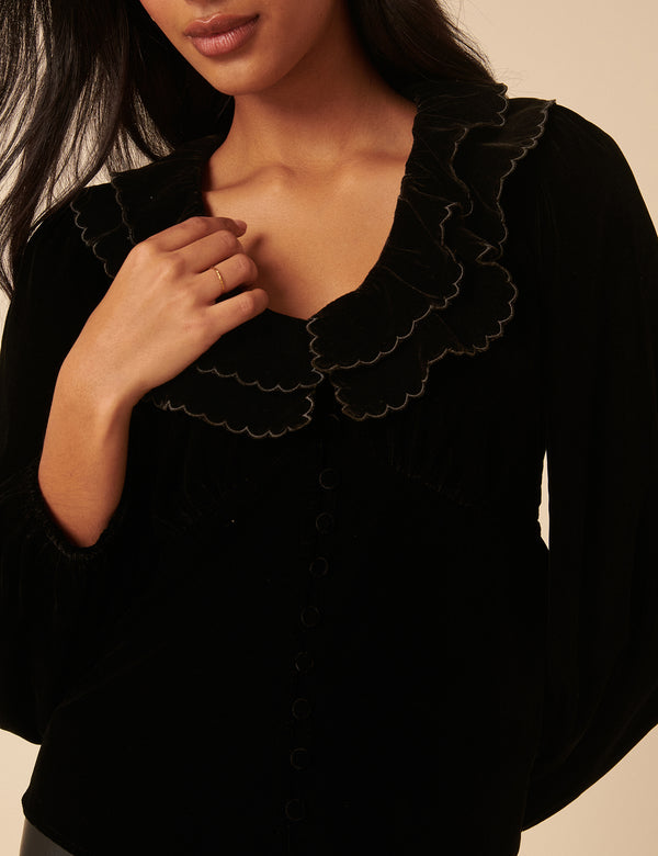 Nobody’s Child Black Velvet Ruffle Collared Blouse