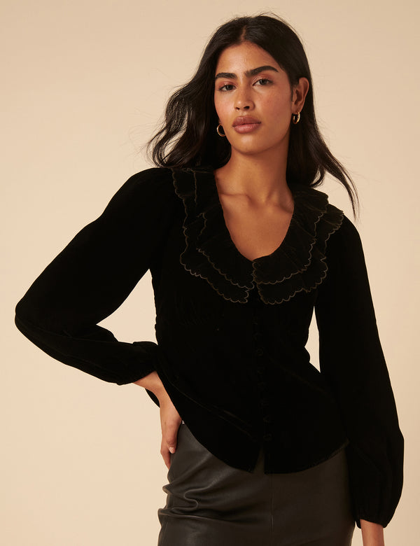 nobody’s child Black Velvet Ruffle Collared Blouse
