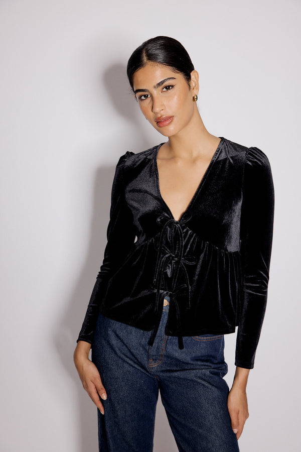 Nobody’s Child Black Velvet Tie Front Top