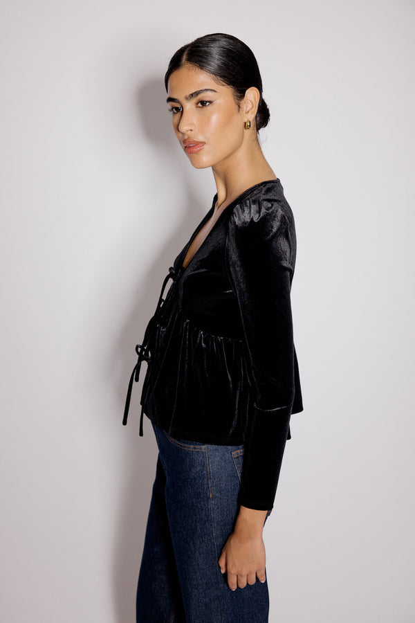 Nobody’s Child Black Velvet Tie Front Top