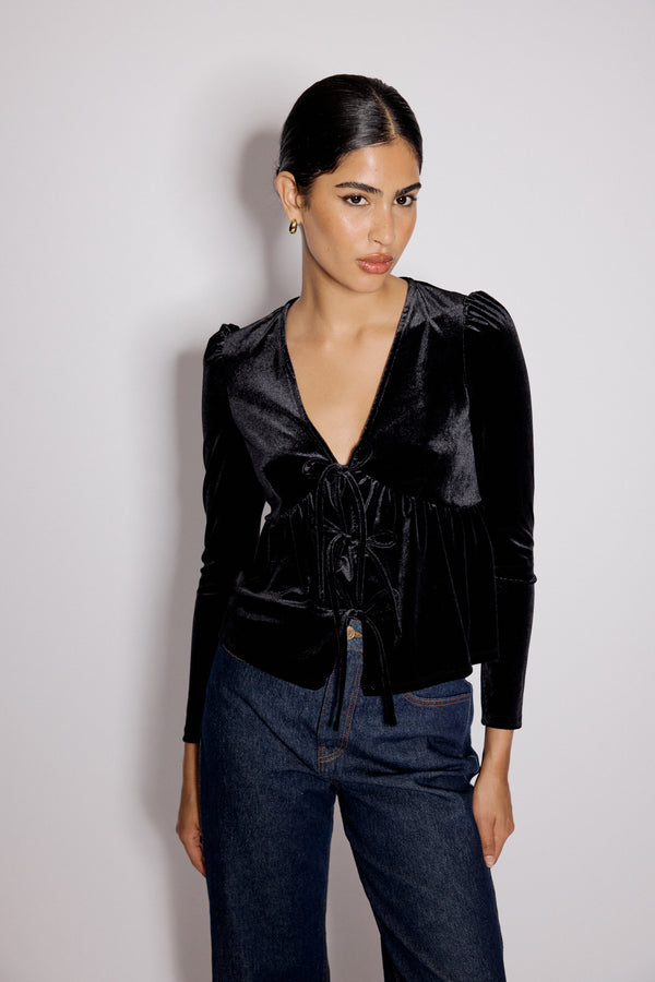Nobody’s Child Black Velvet Tie Front Top