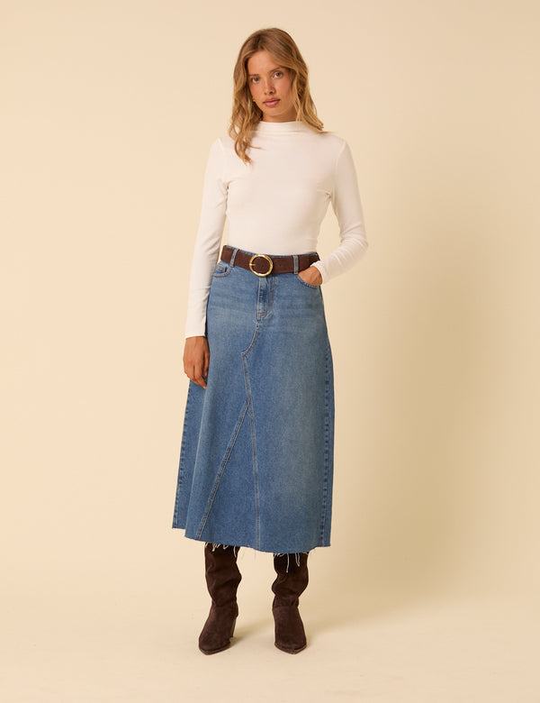 Nobody’s Child Blue Denim A-Line Midi Skirt