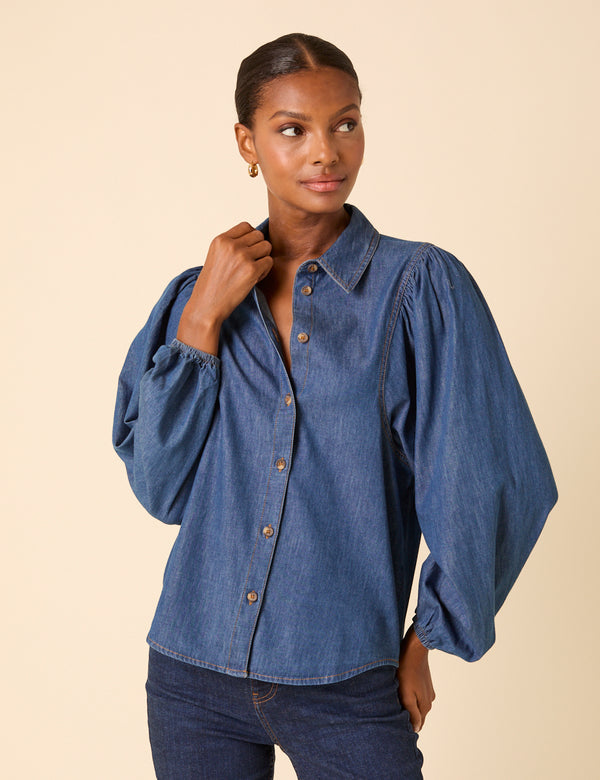 Nobody’s Child Blue Denim Balloon Sleeve Blouse