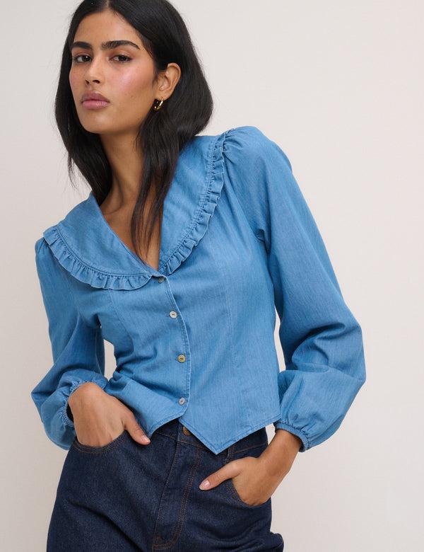 Nobody’s Child Blue Denim Frill Long Sleeve Blouse
