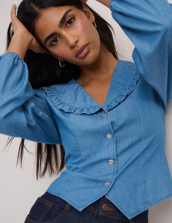 Nobody’s Child Blue Denim Frill Long Sleeve Blouse