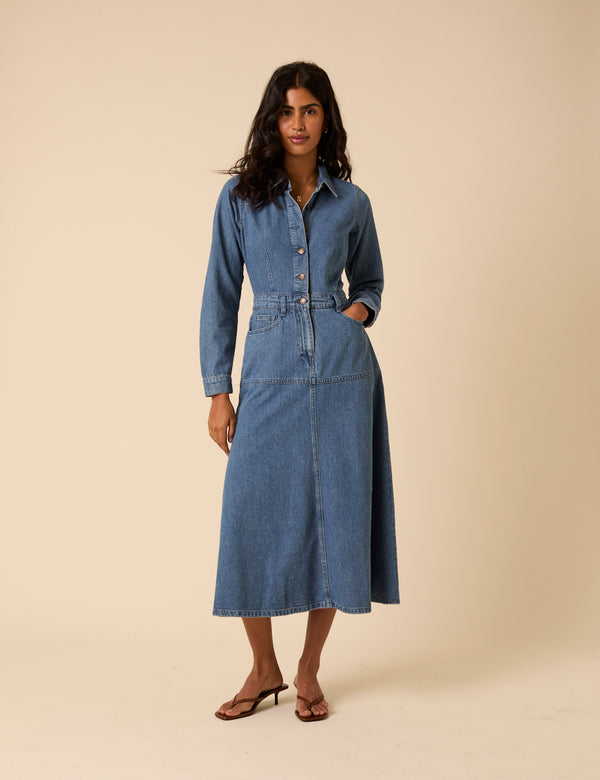 Nobody’s Child Blue Denim Midi Shirt Dress