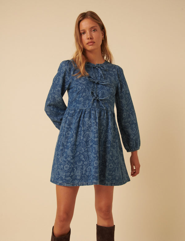 Nobody’s Child Blue Denim Paisley Eden Mini Dress